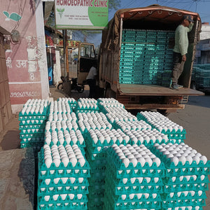 Stacks of green and white egg crates with a truck in the background.