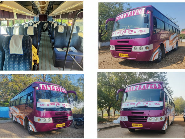 Collage of a pink and blue bus with 'RAITRAVEL' branding, showing different angles and settings.