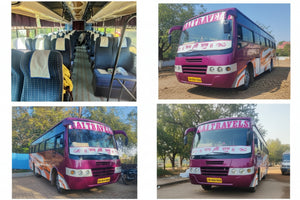 Collage of a pink and blue bus with 'RAITRAVEL' branding, showing different angles and settings.