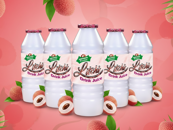 Six bottles of Litchi Drink Juice with litchi fruits on a white background