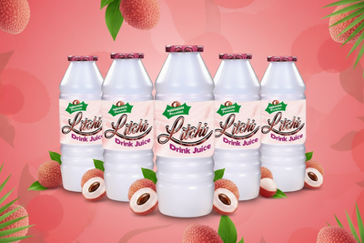 Six bottles of Litchi Drink Juice with litchi fruits on a white background