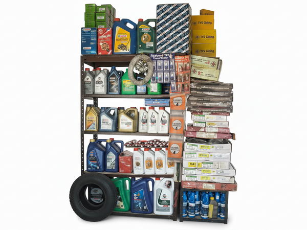 Shelving unit with automotive supplies including bottles, boxes, and a tire on a white background
