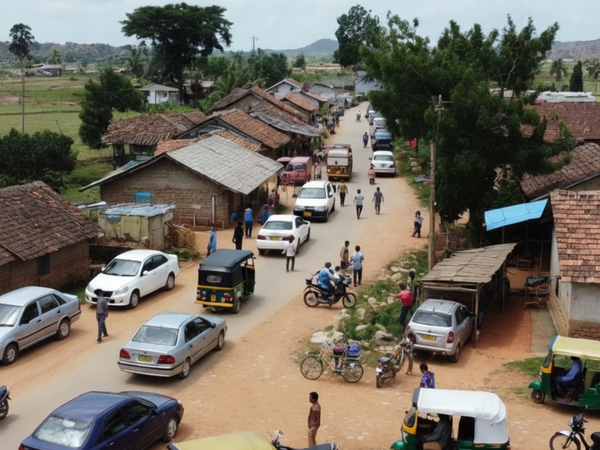 Village street with vehicles and people under a cloudy sky