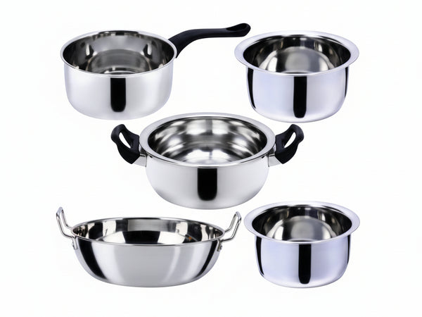 Set of stainless steel cookware including pots and pans on a white background