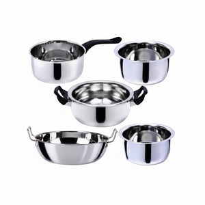 Set of stainless steel cookware including pots and pans on a white background