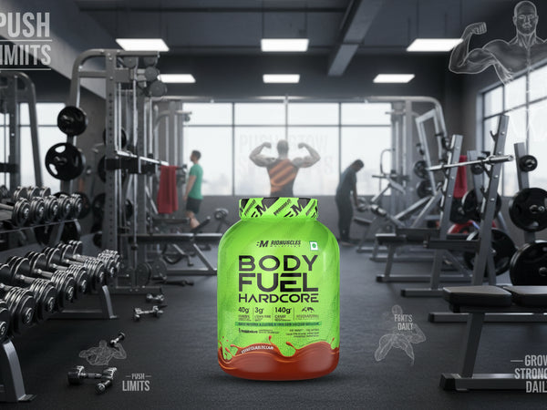 Green supplement bottle labeled 'Body Fuel Hardcore' by BigMuscles Nutrition on a white background