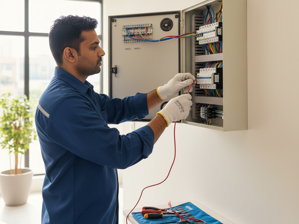 Electrician working on home wiring panel