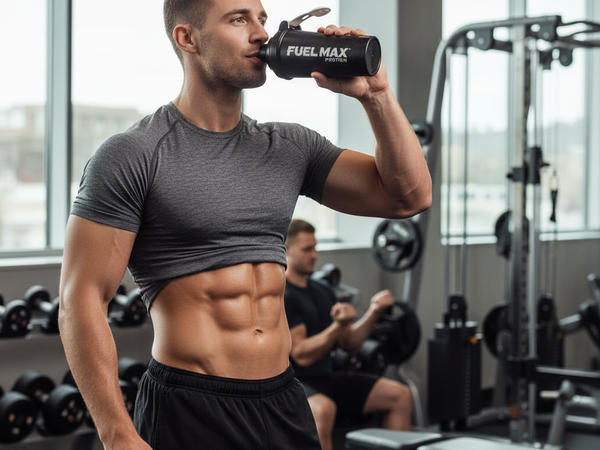 Athlete drinking protein shake in gym