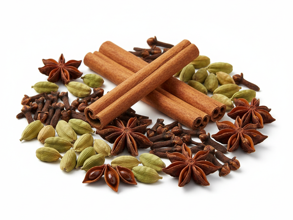 Assorted whole spices including cinnamon sticks, cardamom pods, cloves, and star anise