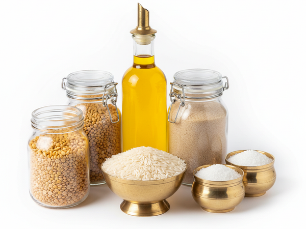 Daily grocery items – rice, dal, flour, oil, sugar, salt