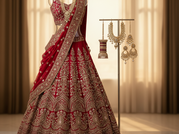 Bridal lehnga chunri and jewellery on rent at Divyaa Beauty Parlour, Gaurela