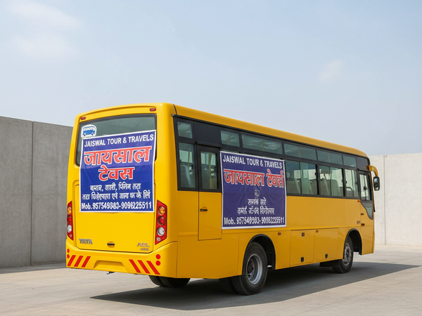 Jaiswal Tour and Travels bus rear Hindi signage for wedding picnic pilgrimage – square optimized