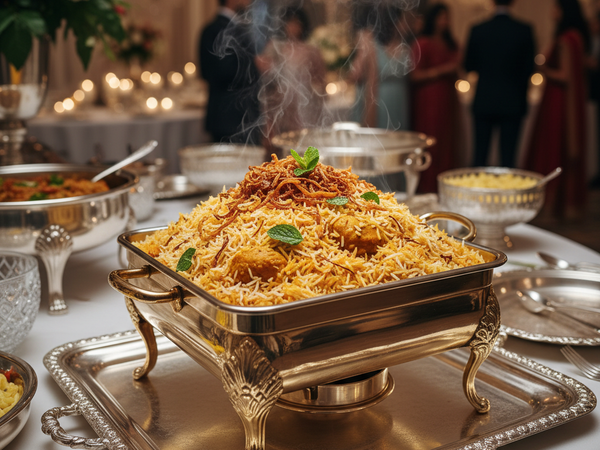 Biryani in golden chafing dish – Pandey Catering Pendra