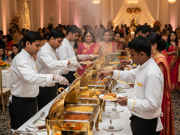 Catering staff serving at wedding – Pandey Catering Pendra
