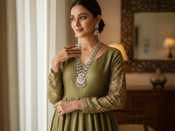 Indian Woman Wearing Silver Necklace – Shri Jamuna Jewellers