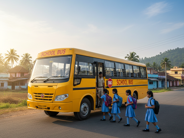 School bus service in Gaurella Pendraroad – children safely boarding yellow school bus