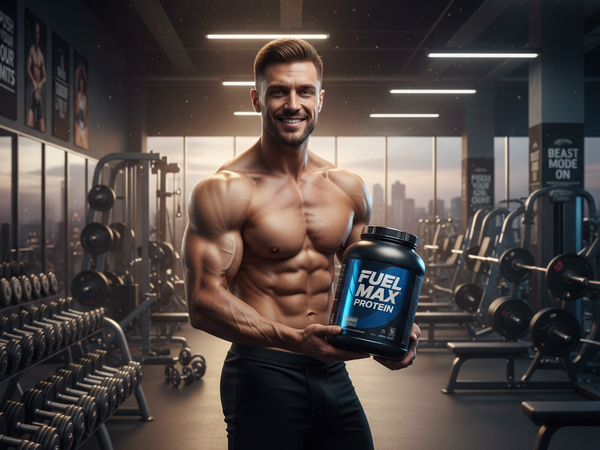 Fitness model with protein powder in gym