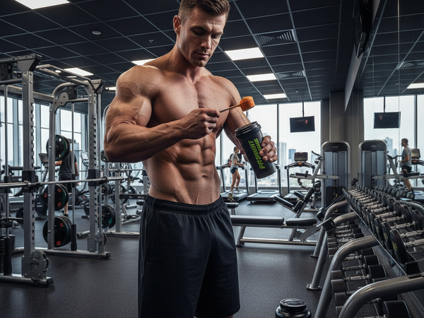 Bodybuilder preparing pre-workout supplement