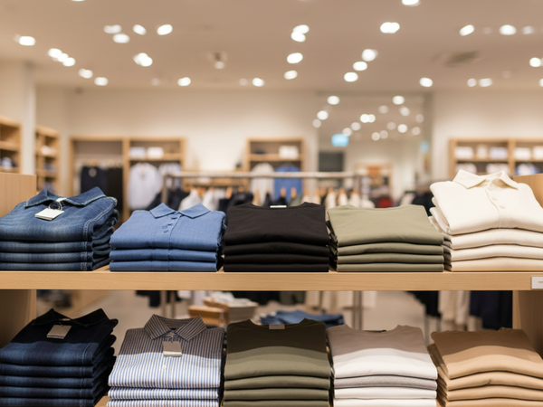 Organized clothing display shelf at श्री राधा कृष्णा मेंस वियर