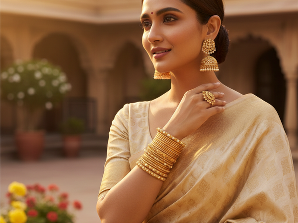 Indian Woman Wearing Gold Bangles and Earrings – Shri Jamuna Jewellers