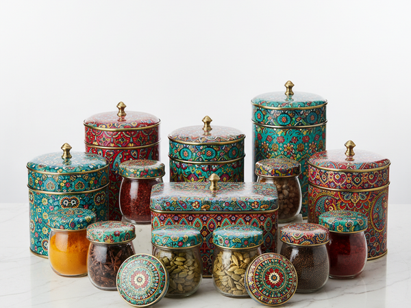 Decorative printed steel spice containers – Ganesh Mahesh Utensil Corner