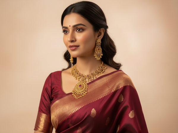 Lifestyle 1 – Woman Wearing Gold Necklace & Earrings