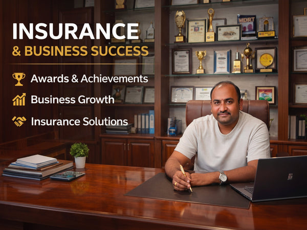 Man sitting at a desk with a laptop, surrounded by awards and certificates on shelves, with text about insurance and business success.